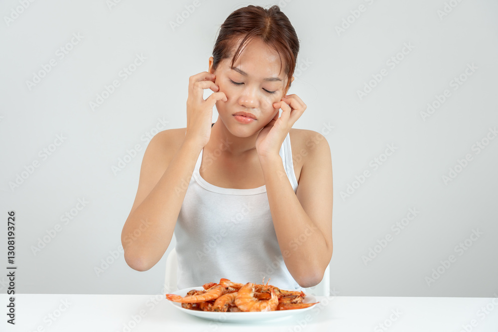 food allergies, women have reactions itching and redness after eating shrimp, seafood allergy, itching, rash, abdominal pain, diarrhea, chest tightness, unconsciousness, death, severe avoid allergie food allergies, women have reactions itching and redness after eating shrimp, seafood allergy, itching, rash, abdominal pain, diarrhea, chest tightness, unconsciousness, death, severe avoid allergie