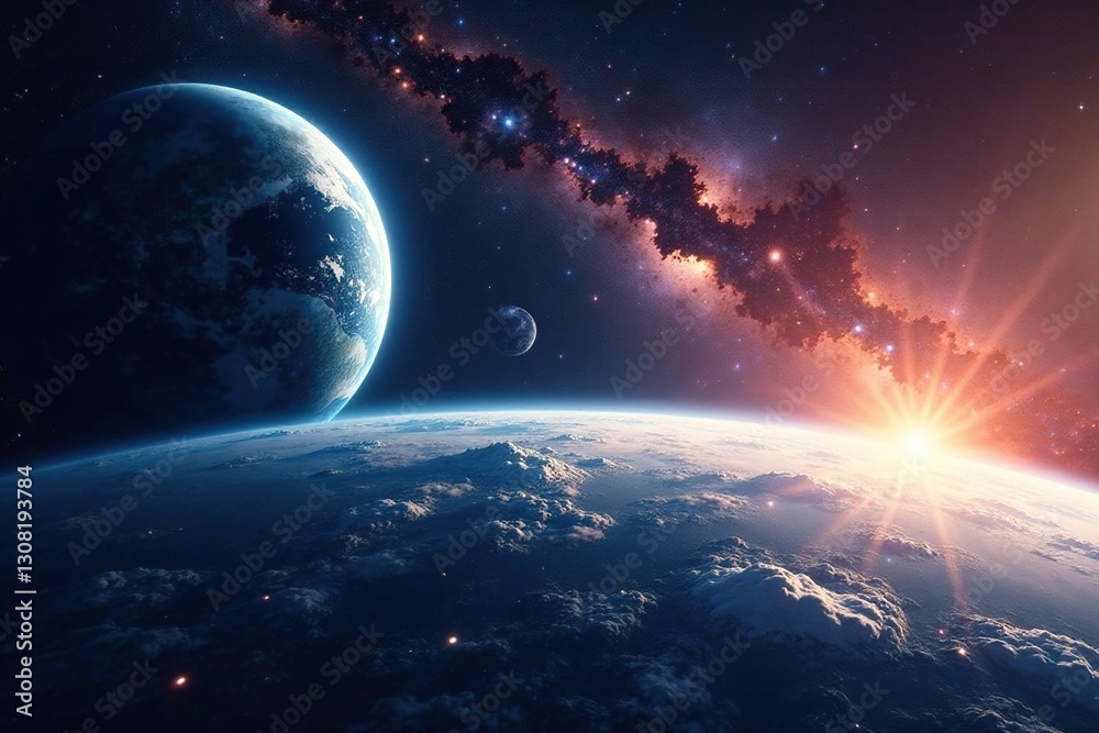 Obraz premium Breathtaking view of Earth and twin planets with Andromeda Galaxy backdrop, mysterious, light, photo