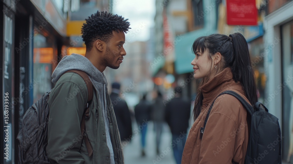 Two individuals engaging in a friendly conversation on a bustling city street, with shops in the background Two individuals engaging in a friendly conversation on a bustling city street, with shops in the background