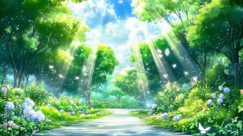 Fototapeta premium Sunlit forest path, butterflies, nature, idyllic scene, game background