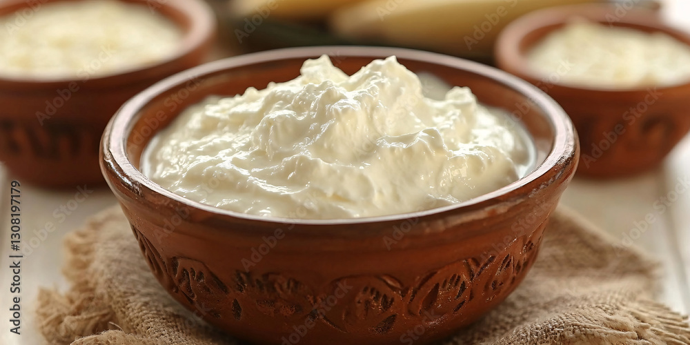 Fototapeta premium Close-up of creamy dahi served in rustic earthenware bowls.