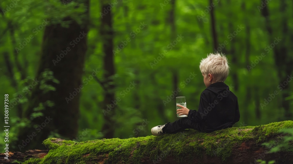Fototapeta premium Boy Relaxing in Forest Drinking Water Nature Scene