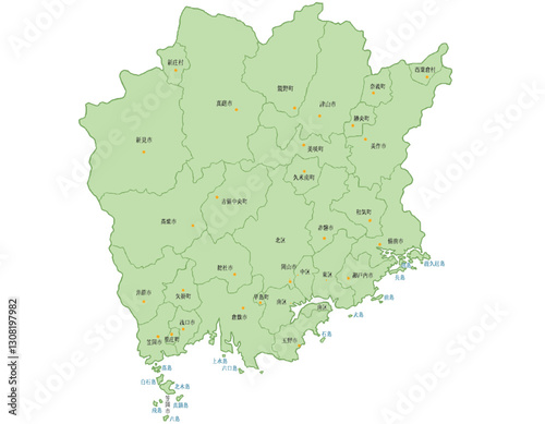 岡山県　地図　黄緑　斑点　イラスト