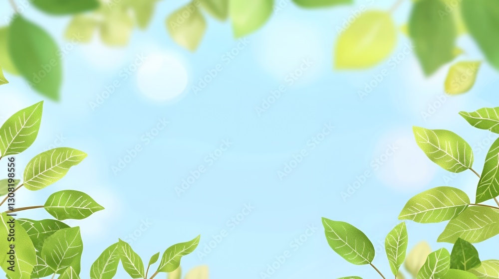 Bright Green Leaves Frame Light Blue Sky Background Bright Green Leaves Frame Light Blue Sky Background