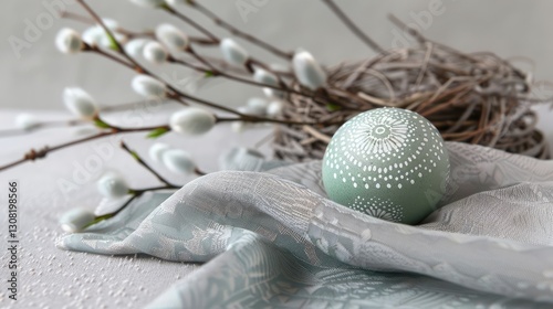 Easter eggs in a green color with a white pattern, a nest, and willow branches on the table, against a white background, in close-up.