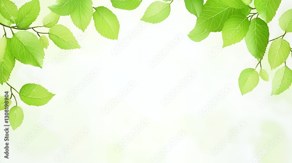 Bright Green Leaves Frame on Soft White Background Bright Green Leaves Frame on Soft White Background