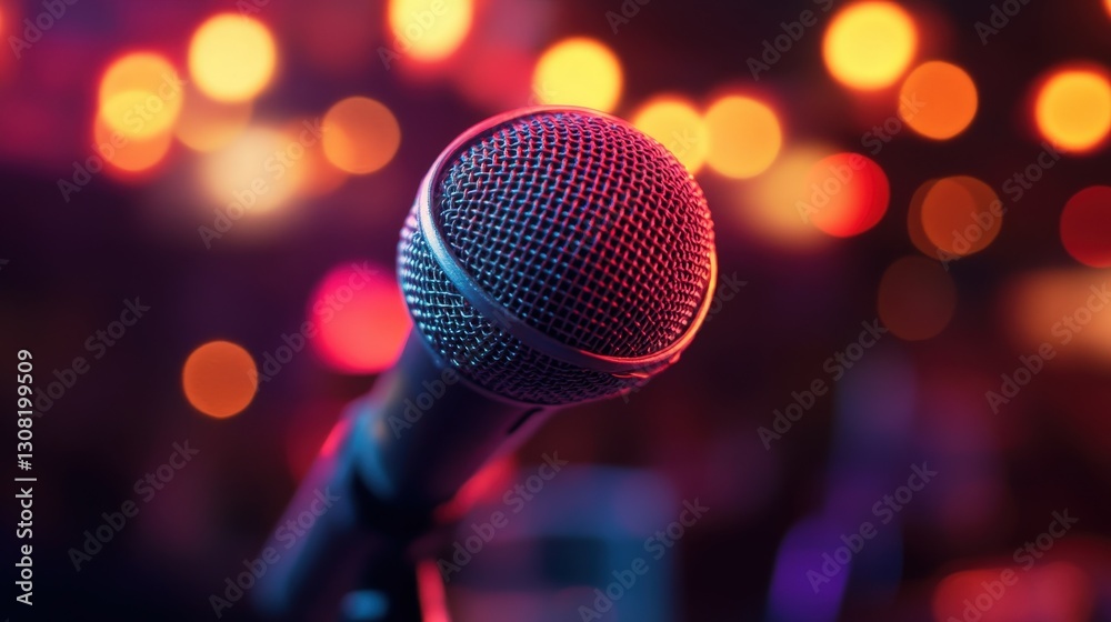 Close-up of a microphone bathed in vibrant red and blue lights, sharply focused against a soft, blurred backdrop, inviting listeners into its illuminated presence Close-up of a microphone bathed in vibrant red and blue lights, sharply focused against a soft, blurred backdrop, inviting listeners into its illuminated presence