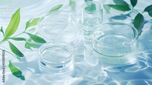 Organizing transparent lab glassware and petri dishes on laboratory table for scientific research cleanroom environment top-down view experimentation