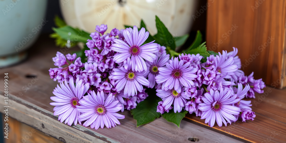 Bouquet of Purple lilac daisies on corner of vintage wooden table Bouquet of Purple lilac daisies on corner of vintage wooden table