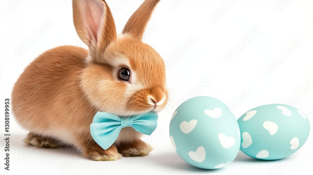Fototapeta premium Adorable brown bunny wearing a light blue bow tie sits beside two pastel blue Easter eggs decorated with white hearts against a bright white
