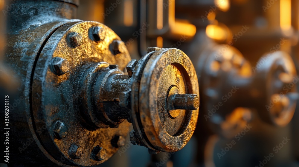 Close-Up of Rusty Industrial Valve with Warm Lighting Effects Close-Up of Rusty Industrial Valve with Warm Lighting Effects