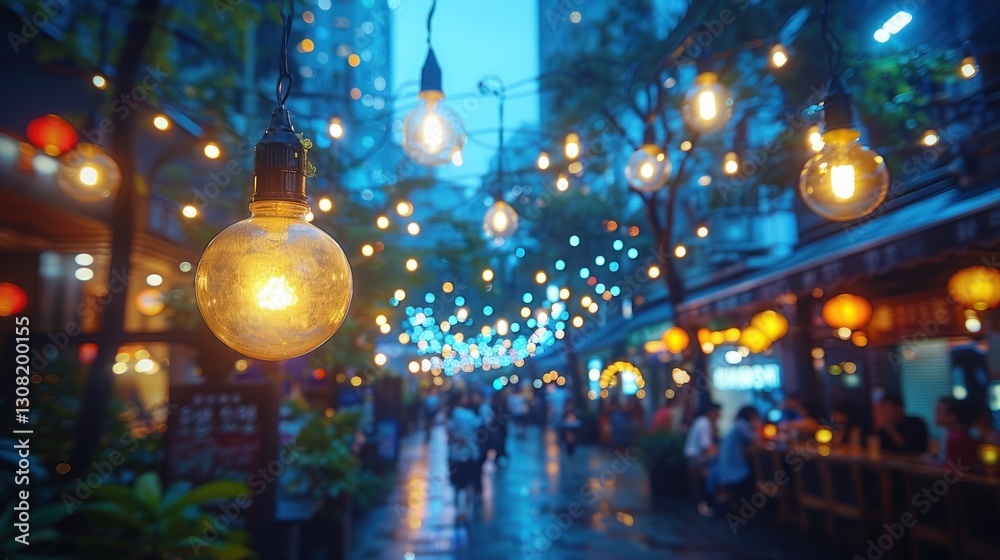 Evening city street, lit by string lights, with people, shops, and rain