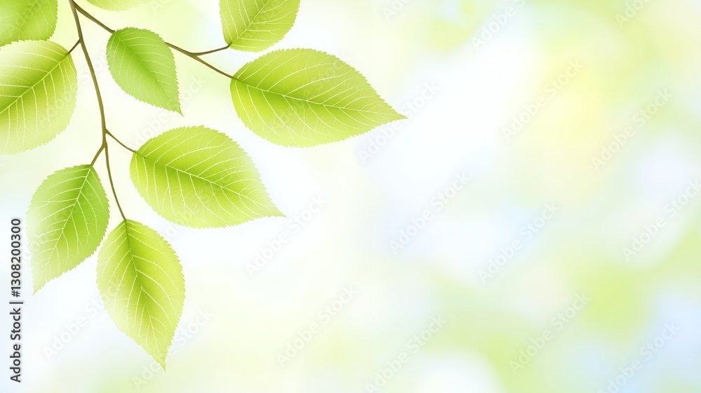 Bright Green Leaves on Branch Soft Light Blurred Background Bright Green Leaves on Branch Soft Light Blurred Background