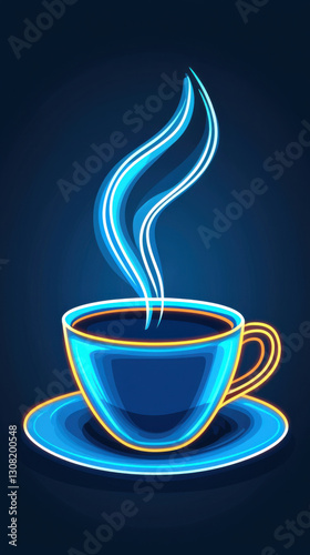 sleek neon coffee cup with steam, glowing against dark background