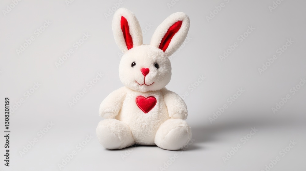 Obraz premium Adorable white plush bunny toy with red ears and heart, sitting against a light gray background. Soft, cuddly texture