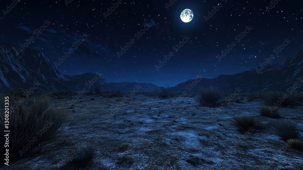 Fototapeta premium Desert Night Landscape Full Moon Stars Mountains