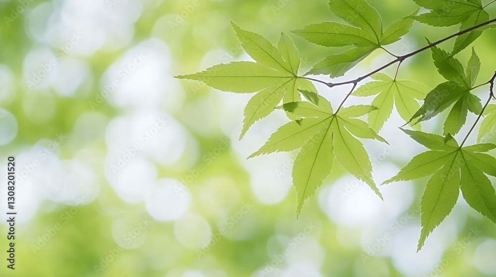 Bright Green Maple Leaves on Branch with Soft Bokeh Background Bright Green Maple Leaves on Branch with Soft Bokeh Background