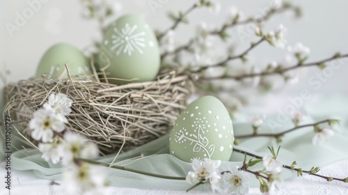 Easter eggs in a green color with a white pattern, a nest, and willow branches on the table, against a white background, in close-up.