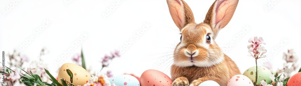 Fototapeta premium Brown rabbit surrounded by pastel Easter eggs and delicate spring flowers against a bright white background. Festive spring scene