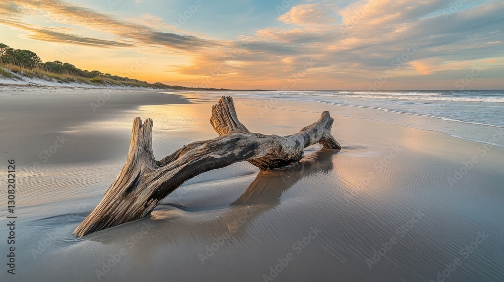 Driftwood on Serene Beach at Dusk with Colorful Sky Reflection Driftwood on Serene Beach at Dusk with Colorful Sky Reflection