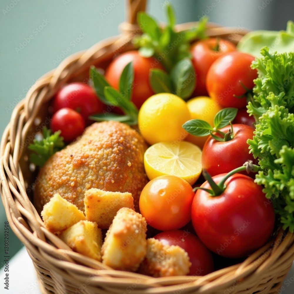 Close-up of gourmet picnic basket contents, vibrant summer colors, rich, table Close-up of gourmet picnic basket contents, vibrant summer colors, rich, table