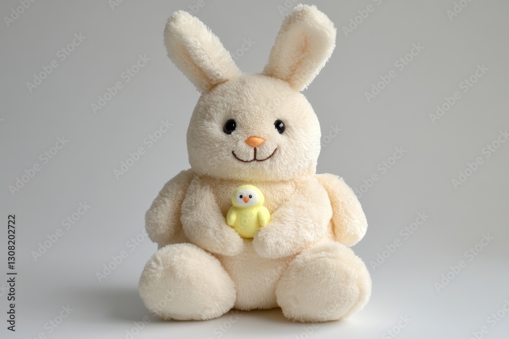 Cream colored plush bunny rabbit toy holding a small yellow chick. Soft, fluffy texture. Simple, light gray background Cream colored plush bunny rabbit toy holding a small yellow chick. Soft, fluffy texture. Simple, light gray background