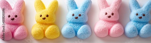 Five pastel colored bunny shaped marshmallow candies arranged in a row against a white background. The bunnies are pink, yellow, light blue, pink