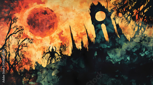 Enigmatic and symbolic shadows in infernal illumination. Infernal - Volcano. Illustration
