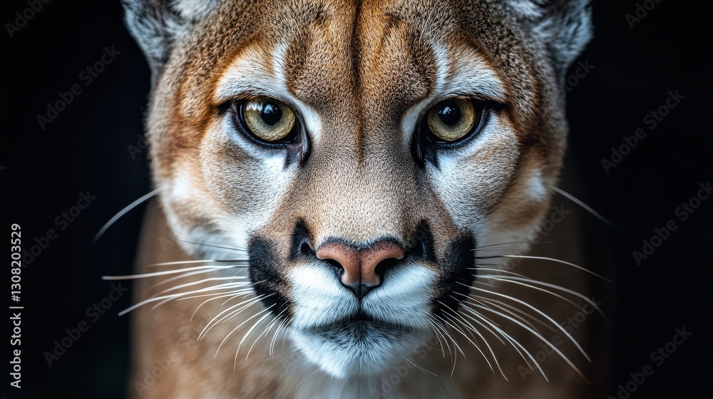 Obraz premium A majestic mountain lion's visage emerges in this close-up: golden-brown fur framing striking dark-brown eyes; a black nose contrasts with a delicately parted white mouth, revealing powerful teeth in 