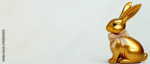 Gold rabbit figurine with a cream colored bow, sitting on a light gray background. The image is simple and elegant, with a minimalist aesthetic