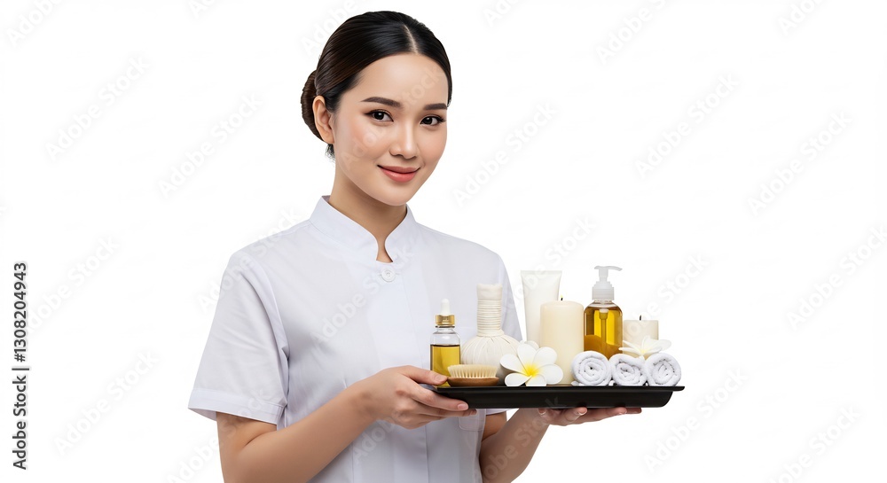Smiling therapist presents calming spa treatment. AI Generated Smiling therapist presents calming spa treatment. AI Generated