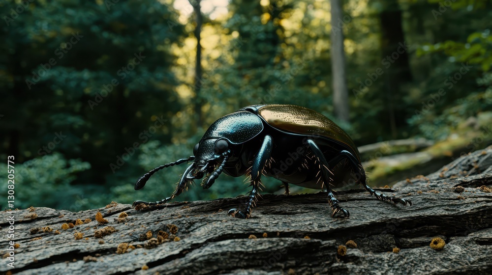 Vibrant Beetle on Log in Forest Setting with Soft Natural Lighting Vibrant Beetle on Log in Forest Setting with Soft Natural Lighting