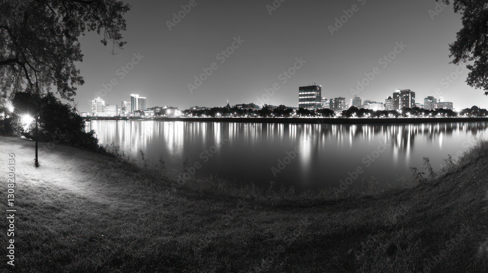 Fototapeta premium Night city skyline reflected in river, tranquil scene, use for wallpaper, backgrounds