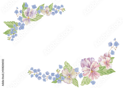 Fototapeta Naklejka Na Ścianę i Meble -  Oval wreath frame made of various flowers. Vintage watercolor illustration for holiday postcards or invitations, romantic greeting cards. Cosmetics, perfumes and home decor. Frame for websites or apps