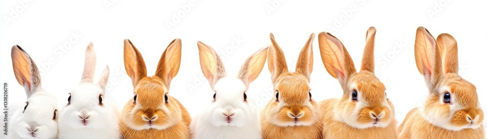 Seven adorable rabbits with fluffy fur, in various shades of brown and white, sit in a row against a bright white background. Their ears are perked
