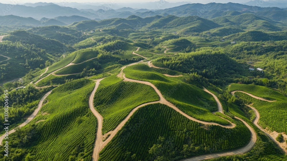Serene Aerial View of Lush Green Hills and Winding Paths in Nature Serene Aerial View of Lush Green Hills and Winding Paths in Nature