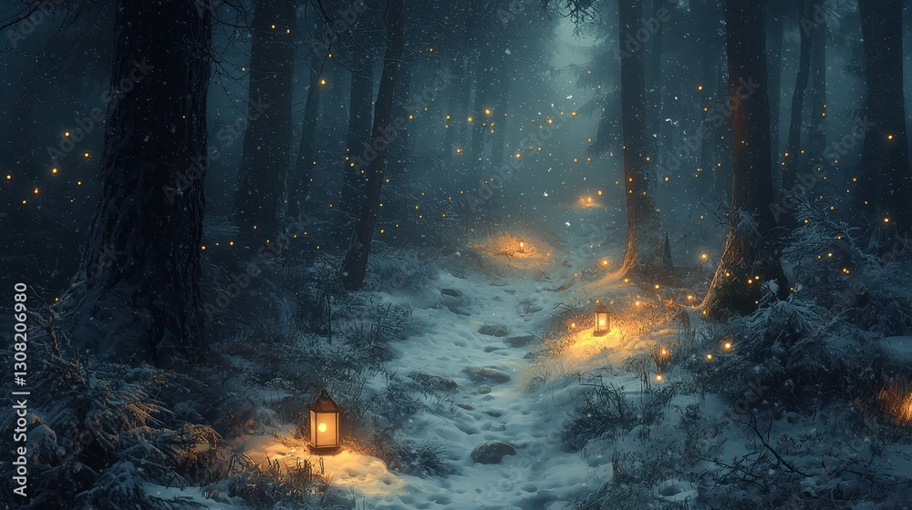 Enchanted Forest Path with Lanterns and Magical Fireflies at Dusk Enchanted Forest Path with Lanterns and Magical Fireflies at Dusk