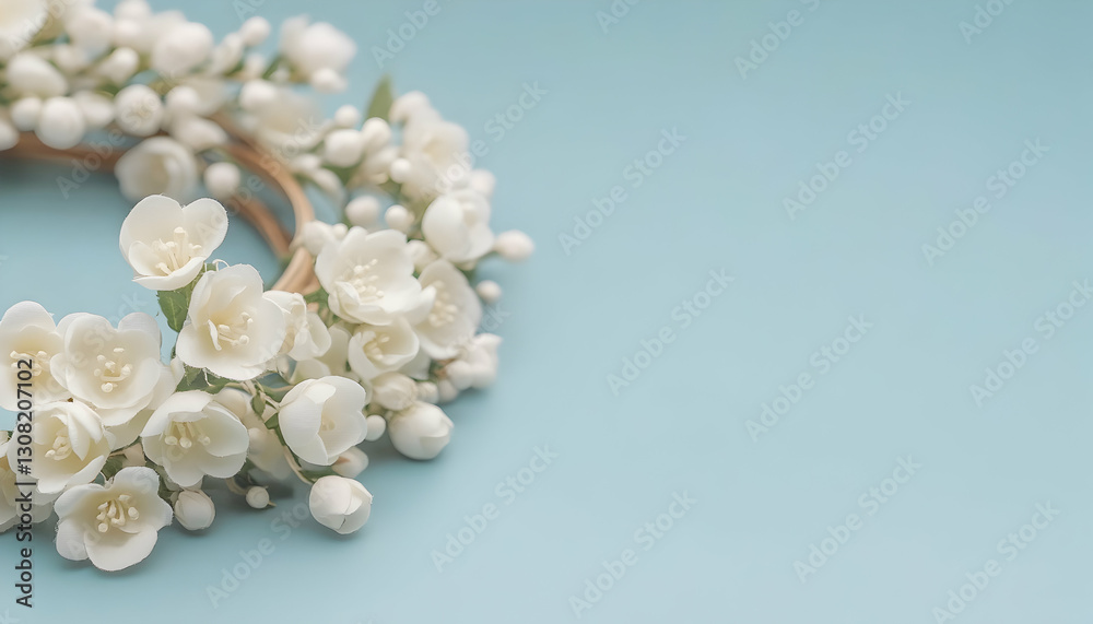 Delicate white flower wreath on a light blue background, perfect for wedding invitations, spring themes, or feminine designs. Copy space to the right. Delicate white flower wreath on a light blue background, perfect for wedding invitations, spring themes, or feminine designs. Copy space to the right.