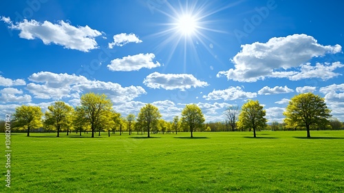 Bright Sunny Day in a Lush Green Field with Yellow Trees and Blue Sky