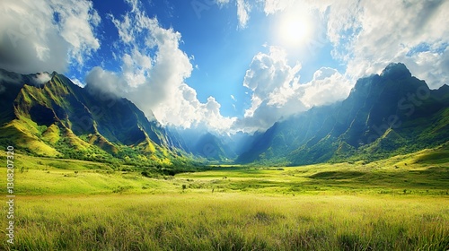 Bright Sunny Day in a Lush Green Mountain Valley