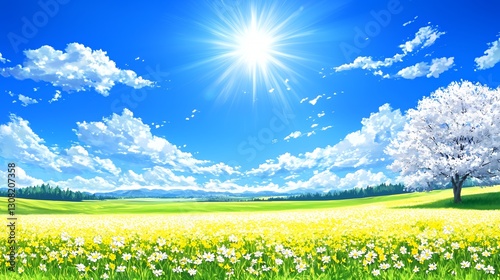 Bright Sunny Day in a Spring Field of White and Yellow Flowers