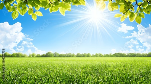 Bright Sunny Day in Lush Green Field with Blue Sky and Clouds