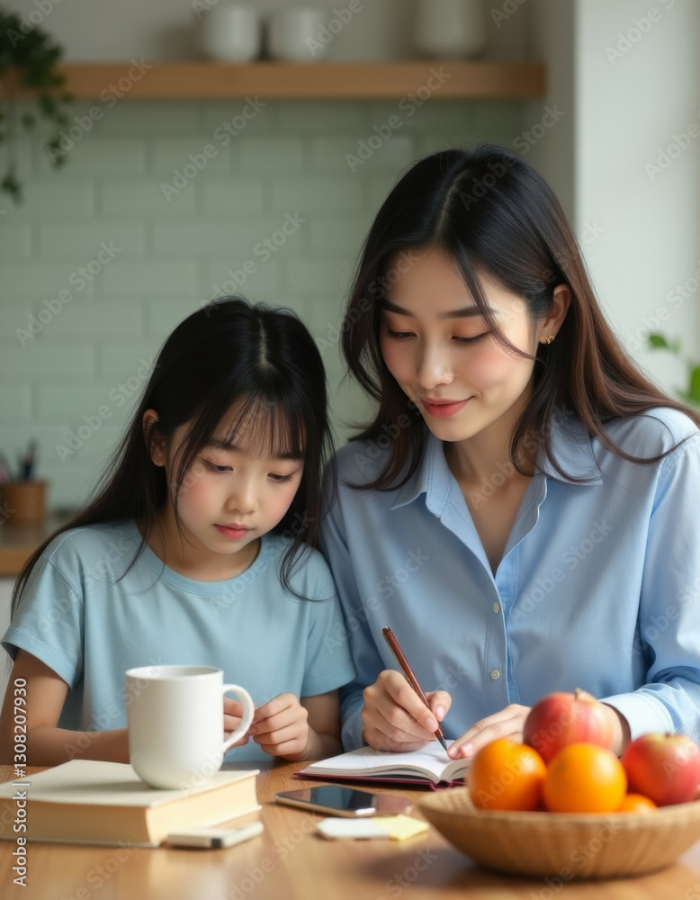 Asian mother and daughter writing in notebooks while sitting at kitchen table doing homework Asian mother and daughter writing in notebooks while sitting at kitchen table doing homework