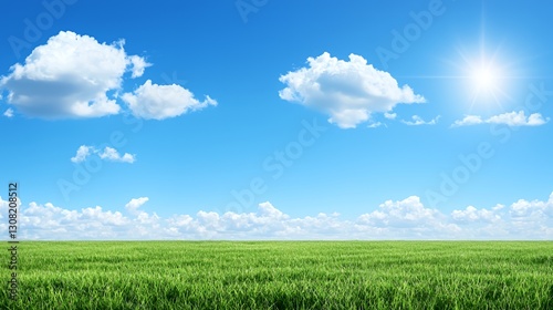 Bright Sunny Day Landscape: Lush Green Field Under Blue Sky with Fluffy Clouds