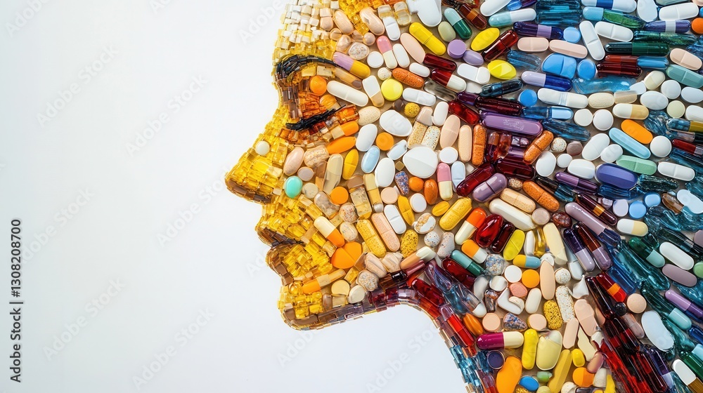 Naklejka premium Colorful mosaic of pills creatively forming a human silhouette with intricate details reflecting artistic interpretation Generative AI