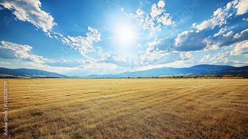 Bright Sunny Day Landscape with Golden Field and Distant Mountains