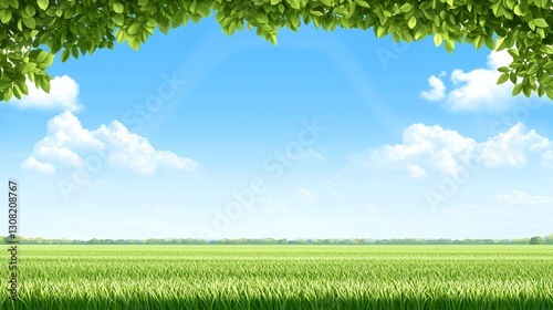 Bright Sunny Day Landscape with Green Field and Blue Sky