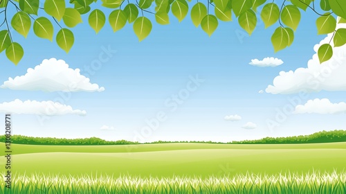 Bright Sunny Day Landscape with Green Field and Blue Sky