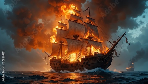 Burning Galleon at Sea: A fiery spectacle of a sinking ship engulfed in flames during a dramatic storm