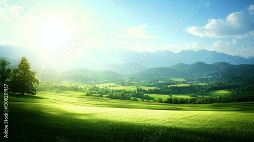 Bright Sunny Day Landscape with Green Field and Distant Mountains